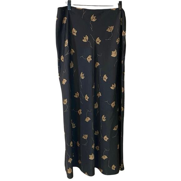 Vintage Finity Naturals Silk Blend Black Floral Leaf Print Midi Skirt Women’s 12 - Picture 1 of 7